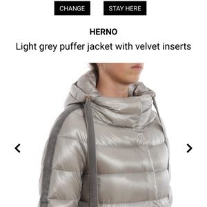 Herno Light grey/tan puffer jacket with velvet inserts and detachable hood.